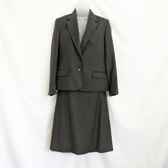 Black Wool Lined Suit Set Blazer & Skirt Made in Poland Size Small Midi Knee - Picture 1 of 16
